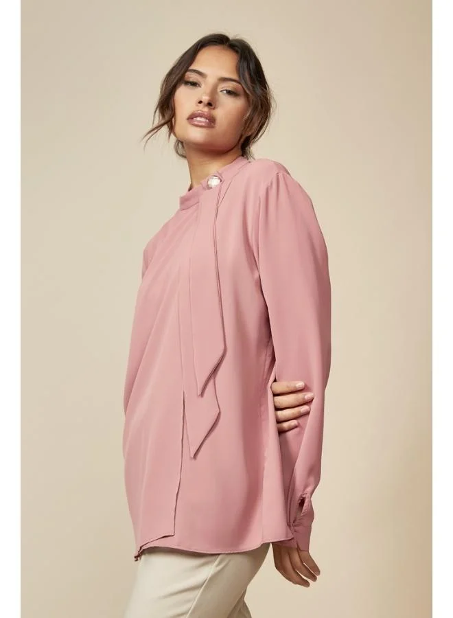 Hoxton Gal Pink High Neck Long Sleeve Brooch Detail Oversized Blouse
