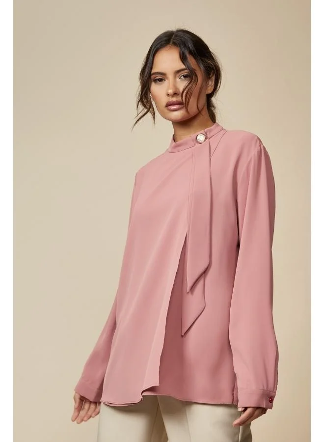 Hoxton Gal Pink High Neck Long Sleeve Brooch Detail Oversized Blouse
