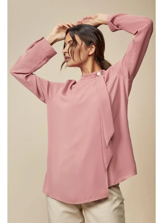 Hoxton Gal Pink High Neck Long Sleeve Brooch Detail Oversized Blouse