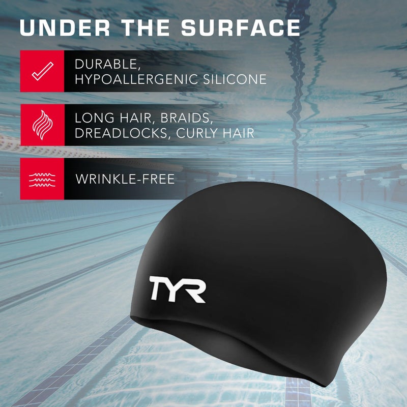 TYR Adult Long Hair Silicone Wrinkle Free Swim Cap for Braids, Dreadlocks, Streamlined Swim, Hair Protection - Image 3