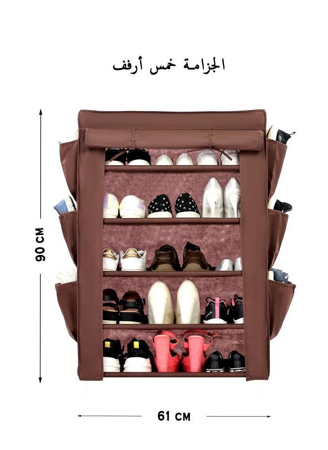 TTTP The Professionals Choice Shoe Rack W/Fabric Cover, 5 Shelves & 6 Pockets On Each Side 61x30x90 cm Brown Color  - Image 4