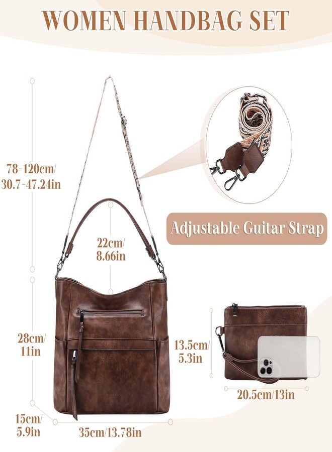 فاشي حقيبة هوبو متوسطة الحجم من الجلد النباتي من فاشي للنساء، حقيبة كتف وحقيبة يد ومحفظة مع حزام كتف بتصميم كلاسيكي على شكل جيتار، لون بني فاتح - Image 2