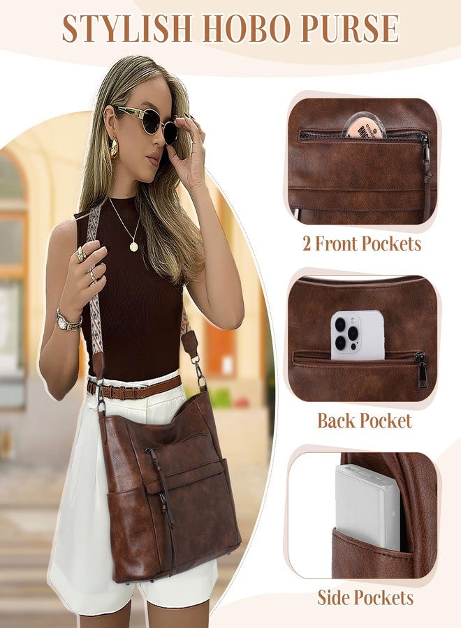 فاشي حقيبة هوبو متوسطة الحجم من الجلد النباتي من فاشي للنساء، حقيبة كتف وحقيبة يد ومحفظة مع حزام كتف بتصميم كلاسيكي على شكل جيتار، لون بني فاتح - Image 4