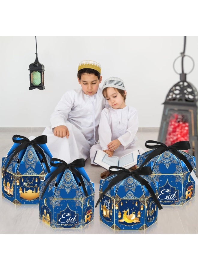 الأزرق جي دبليو 12 عبوة من علب هدايا عيد الفطر المبارك، علب ورقية سداسية الشكل بتصميم فانوس ذهبي وقمر مع شرائط، حاويات حلوى لحفلات الأعياد الإسلامية بمناسبة عيد الفطر - Image 5