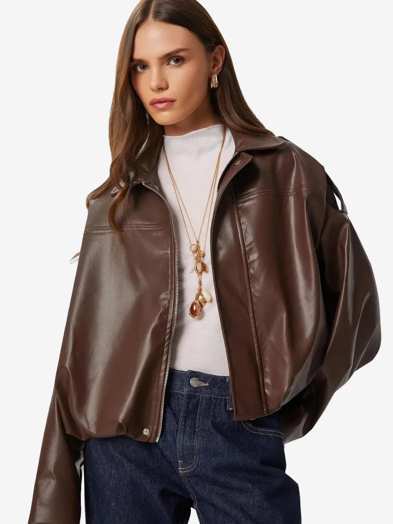 Happiness İstanbul ISTANBUL Faux Leather Biker Jacket with Zipper Closure