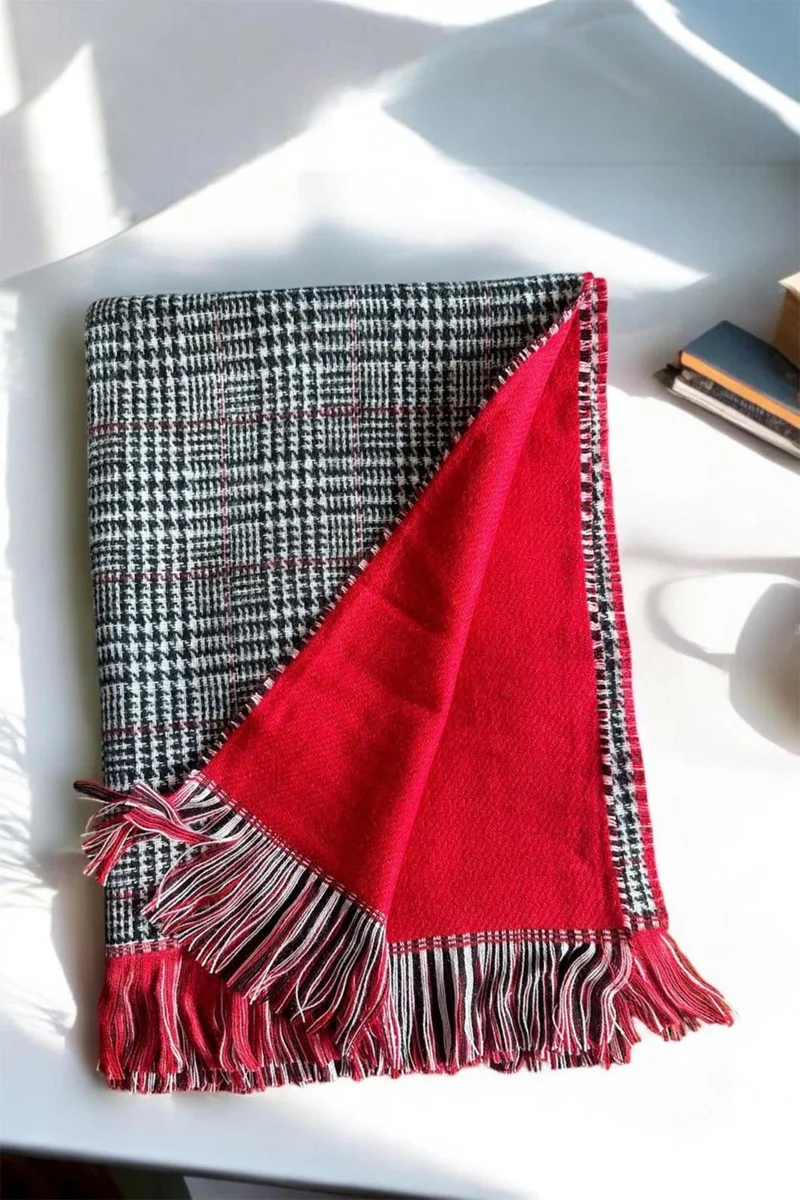 Bahels Puffy Wool Textured Double Sided Plaid Scarf Shawl