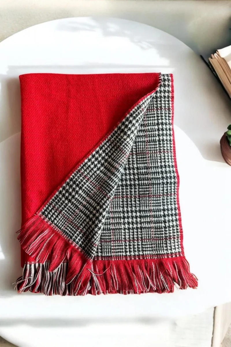 Bahels Puffy Wool Textured Double Sided Plaid Scarf Shawl