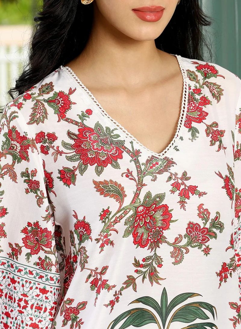 QISSA  Women's Floral-Harmony Imrpint Kurta Set For Ethnic Wear | V-Neck, Quarter Regular Sleeves | Floral Print Woven Fabric | 3 Piece Kurta Set Designed For Casual & Evening Wear for Women | Best Price UAE