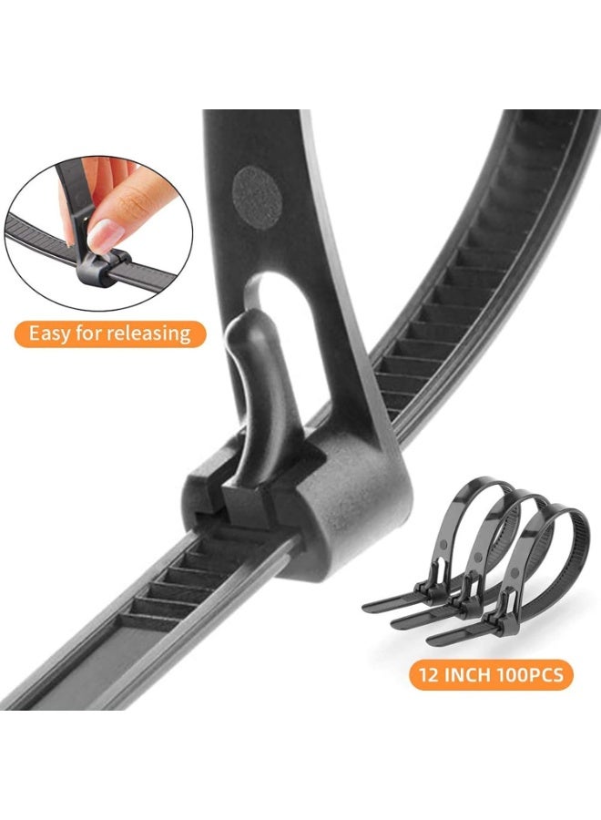 100 Pack 12 Inch Releasable Reusable Black Heavy Duty Zip Ties, 30.5cm Thick Nylon Releasable Cable Ties - Image 4