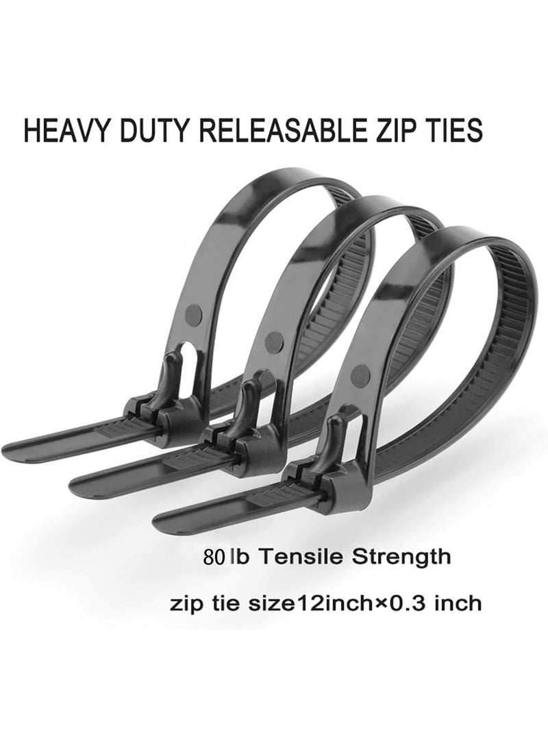 100 Pack 12 Inch Releasable Reusable Black Heavy Duty Zip Ties, 30.5cm Thick Nylon Releasable Cable Ties - Image 3