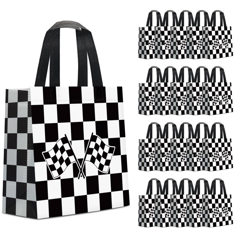 KERINGO 24 PCS Checkered Racing Gift Bags Race Car Party Favors Bag Black and White Non Woven Candy Bags for Race Car Themed Birthday Party Supplies - Image 1