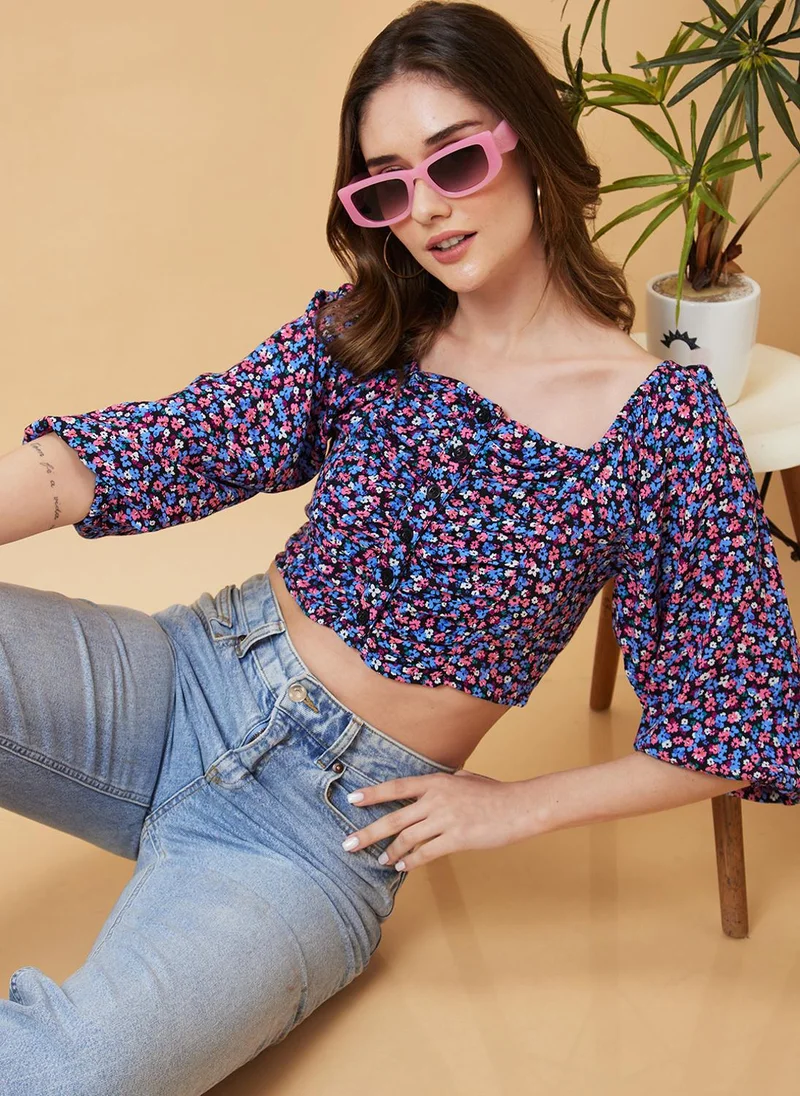 جلو باص بلوزة كروب نسائية بطبعة زهور من جلوبس