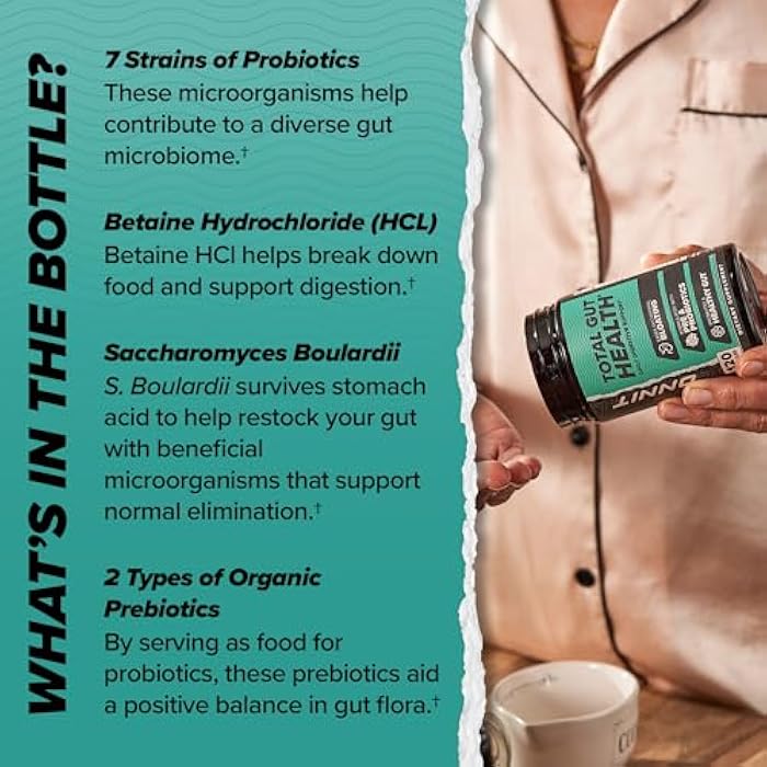ONNIT Total Gut Health Daily Digestive Support, IGEN Non-GMO Tested Digestion Supplement for Women and Men with 7 Strains of Probiotics, Prebiotics, Enzymes and Betaine HCL, 120 Count - Image 4