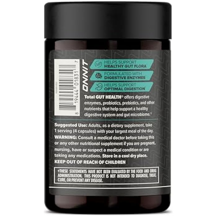ONNIT Total Gut Health Daily Digestive Support, IGEN Non-GMO Tested Digestion Supplement for Women and Men with 7 Strains of Probiotics, Prebiotics, Enzymes and Betaine HCL, 120 Count - Image 2