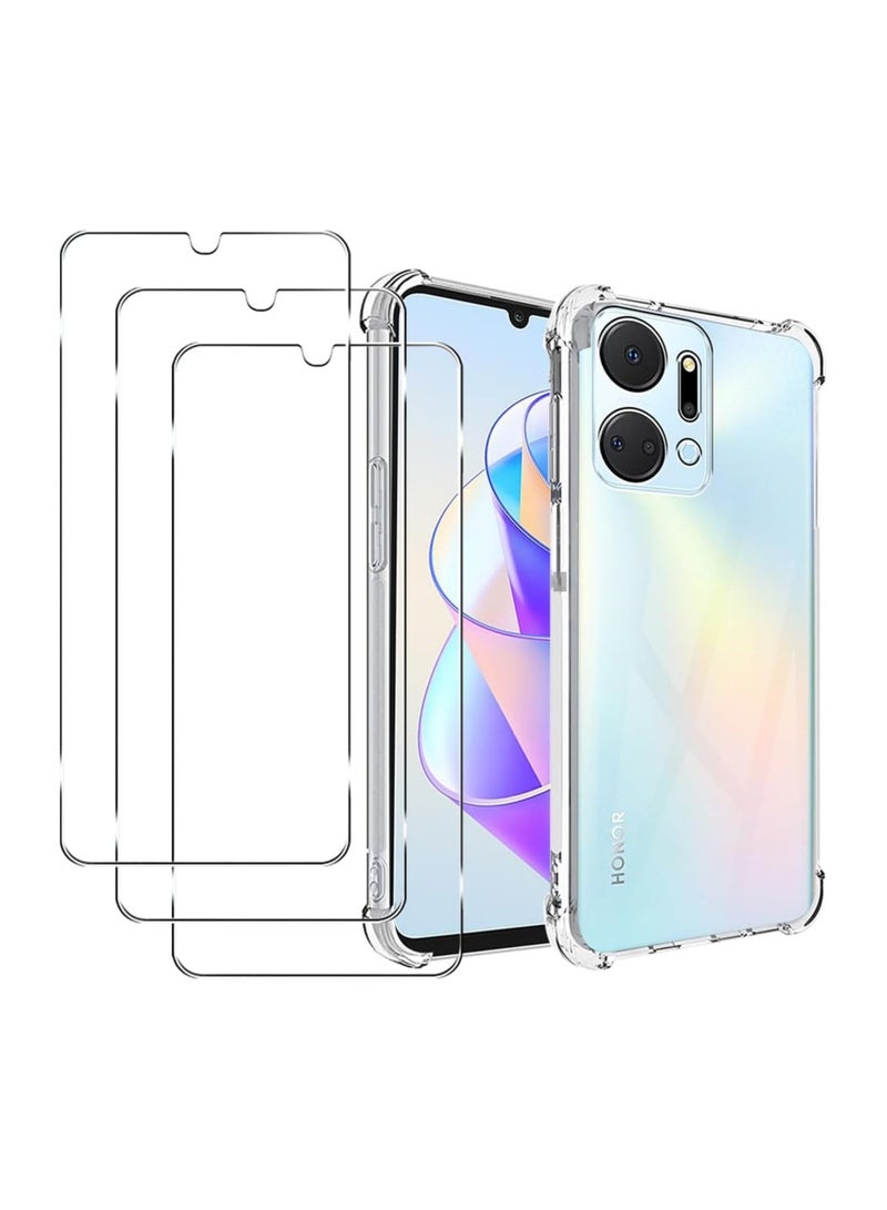 عام غلاف واقي شفاف مناسب لهاتف HONOR X7a، مع 3 قطع من زجاج الحماية المقوى، غلاف هاتف فائق الرقة من مادة TPU المرن مع حماية هوائية في الزوايا، مقاوم للسقوط والخدوش والصدمات بتصميم بلوري شفاف - Image 1