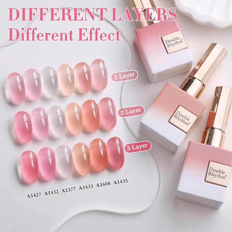 Double Rhythm 6 Pcs 15 ML Gel Polish Set Same Color Same Bottle Soak Off Gel Polish Kit Nail Art Manicure Salon DIY at Home for Women (Jelly Milky White Nude Pink Rose-T6-23) - Image 3