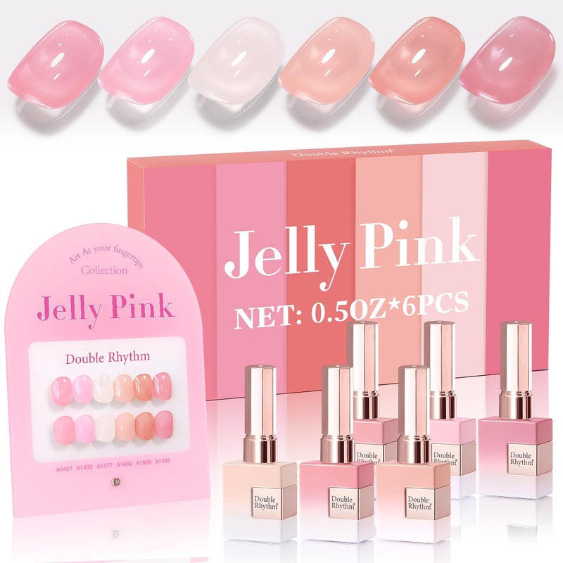 Double Rhythm 6 Pcs 15 ML Gel Polish Set Same Color Same Bottle Soak Off Gel Polish Kit Nail Art Manicure Salon DIY at Home for Women (Jelly Milky White Nude Pink Rose-T6-23) - Image 1