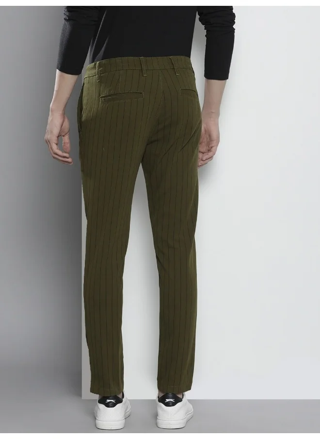 The Indian Garage Co Olive Men Slim Fit Casual Striped Regular Chinos