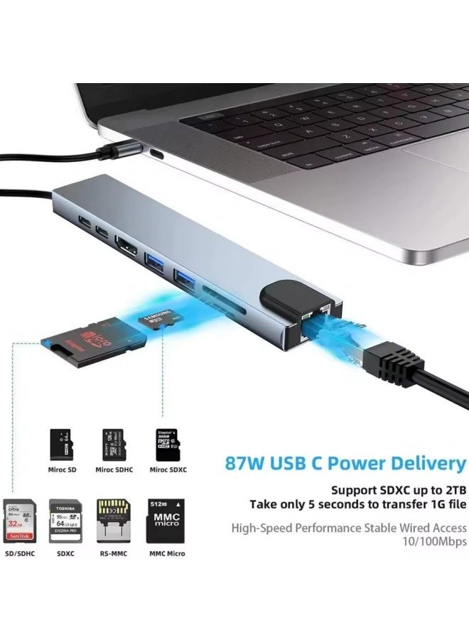ماركة غير محددة Usb 8 In 1 Type C 3 1 To 4k HdTV Hub Adapter With Sd Tf Rj45 Card Reader Pd Fast Charge For Macbook Notebook Computer  - Image 2