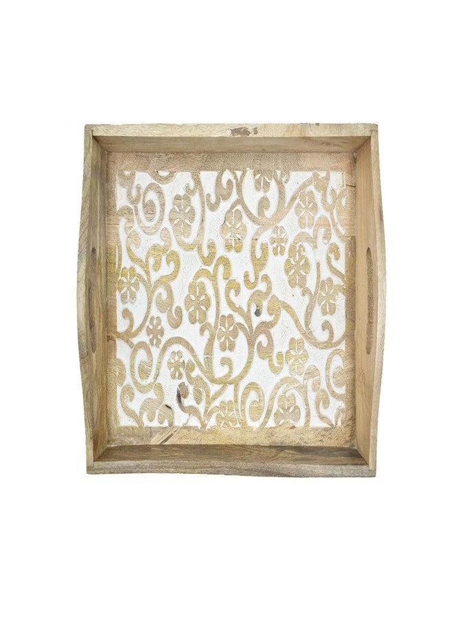 STORE INDYA Rustic Large Wooden Serving Tray Platter for Tea Snack Dessert with Handle Hand Carved Floral Design Kitchen Dining Serve-Ware Accessories 14 x 10 Inches (Beige) - Image 4