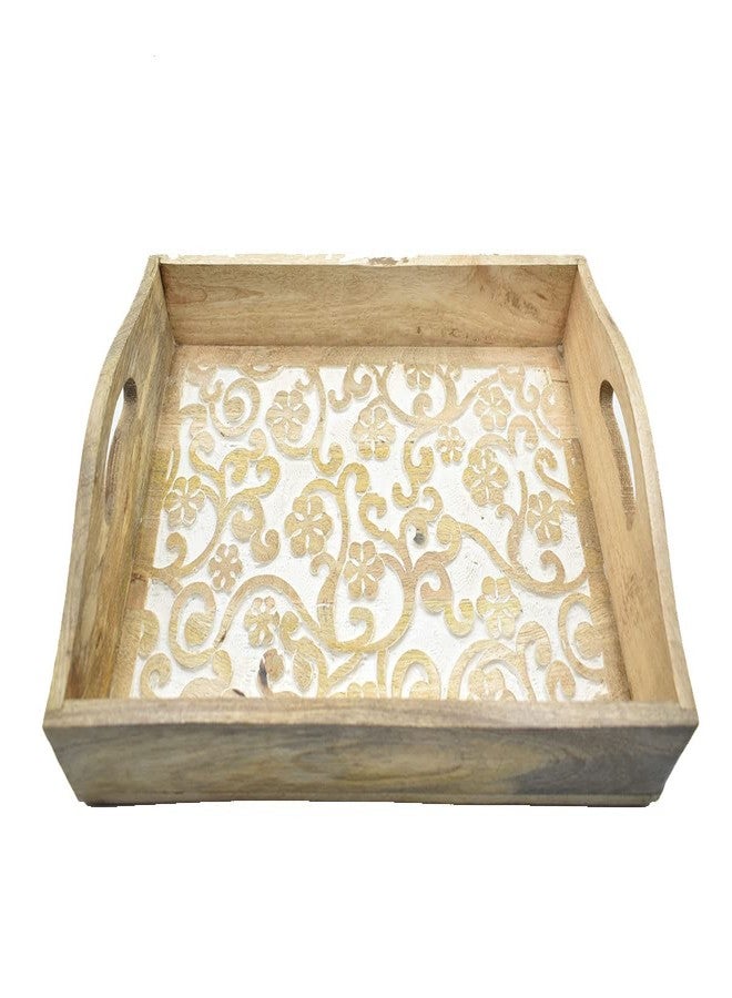 STORE INDYA Rustic Large Wooden Serving Tray Platter for Tea Snack Dessert with Handle Hand Carved Floral Design Kitchen Dining Serve-Ware Accessories 14 x 10 Inches (Beige) - Image 1