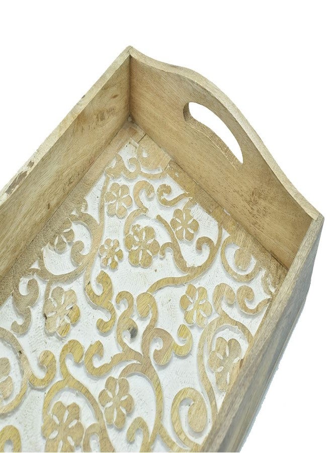 STORE INDYA Rustic Large Wooden Serving Tray Platter for Tea Snack Dessert with Handle Hand Carved Floral Design Kitchen Dining Serve-Ware Accessories 14 x 10 Inches (Beige) - Image 3