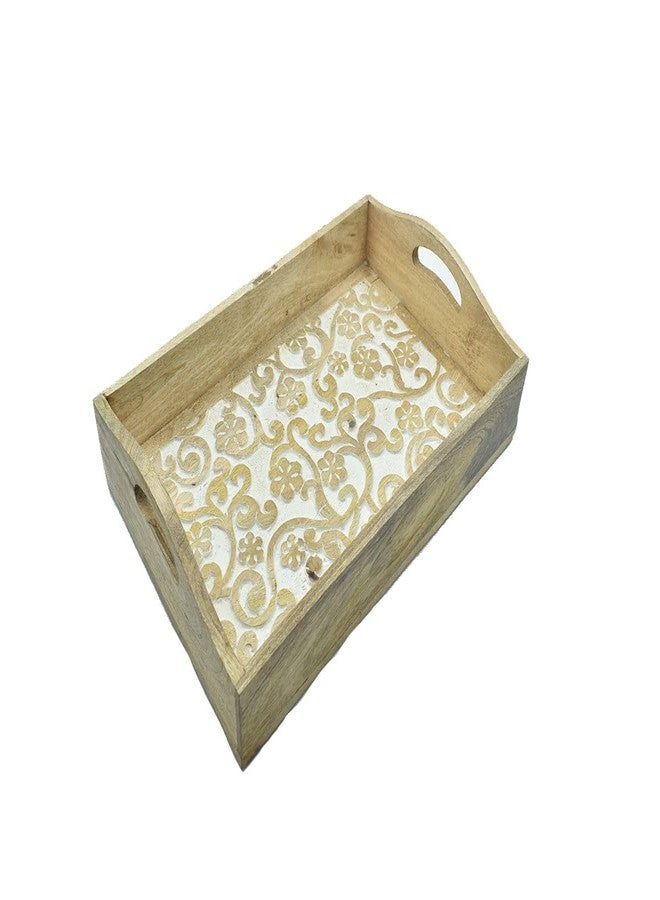 STORE INDYA Rustic Large Wooden Serving Tray Platter for Tea Snack Dessert with Handle Hand Carved Floral Design Kitchen Dining Serve-Ware Accessories 14 x 10 Inches (Beige) - Image 2