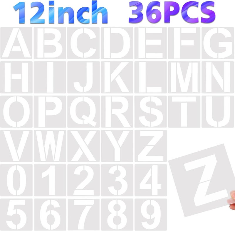 FEBSNOW 36 Pcs Reusable Letter & Number Stencils, for Painting on Wood, Wall, Fabric, Rock, Chalkboard, Glass (12 Inches) - Image 1