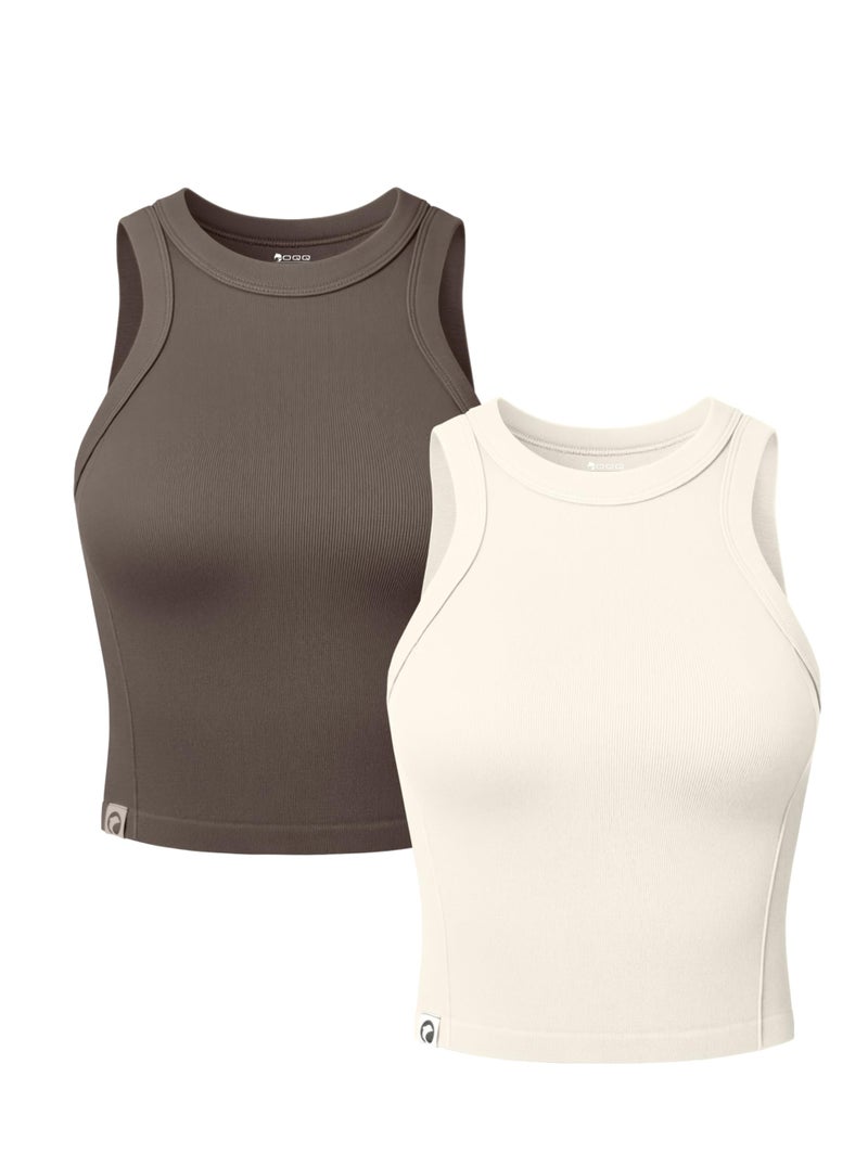 OQQ Womens 2 Pack Crop Tank Tops Crew Neck Sleeveless Ribbed Stretch Workout Athleisure Tops Tea Leaf Beige - Image 1
