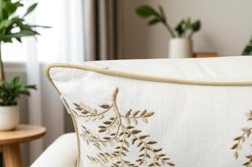 VAGMINE Embroidered Botanical Accent Pillow Cover 18x18 – Ivory Cotton Square Cushion Cover for Chair & Couch Styling – Leaves - Image 5