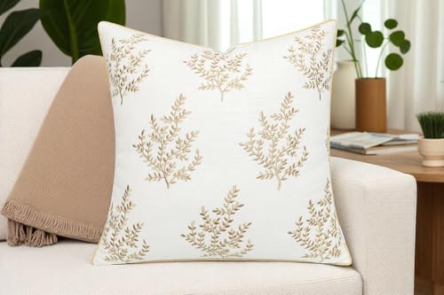 VAGMINE Embroidered Botanical Accent Pillow Cover 18x18 – Ivory Cotton Square Cushion Cover for Chair & Couch Styling – Leaves - Image 2