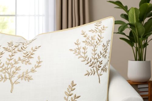 VAGMINE Embroidered Botanical Accent Pillow Cover 18x18 – Ivory Cotton Square Cushion Cover for Chair & Couch Styling – Leaves - Image 3