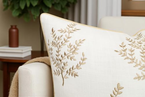 VAGMINE Embroidered Botanical Accent Pillow Cover 18x18 – Ivory Cotton Square Cushion Cover for Chair & Couch Styling – Leaves - Image 4
