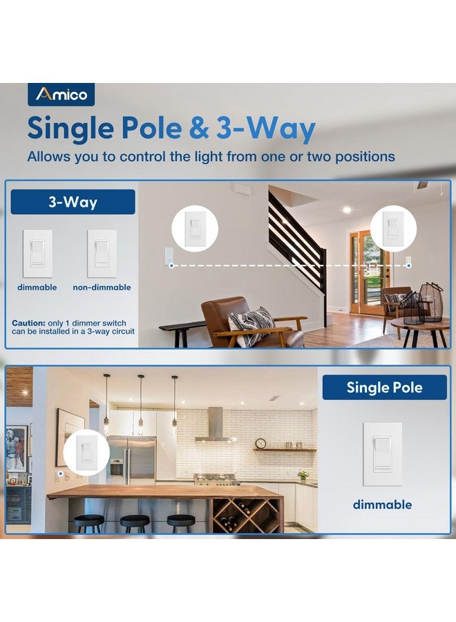 Amico 6 Pack Dimmer Light Switch, Single-Pole or 3-Way Slide Dimmer Switches for Led Lights, Suitable for 150W Dimmable LED/CFL Lights and 600W Incandescent/Halogen, Wall Plate Included, White - Image 3