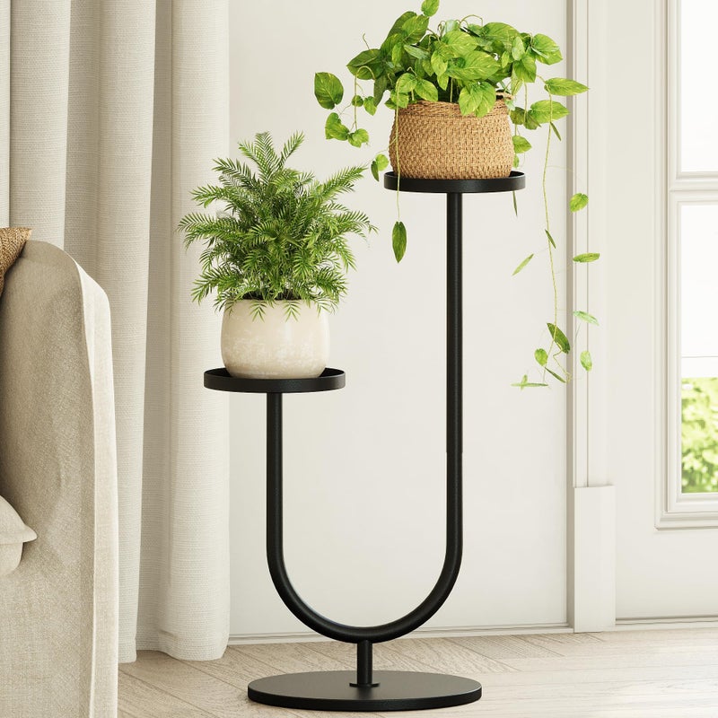 Bamworld حامل نباتات خارجي من بام وورلد، حامل نباتات معدني، حامل نباتات زاوية داخلي، رف نباتات بطبقتين لحامل النباتات الطويلة، رفوف نباتات سوداء لغرفة المعيشة وغرفة النوم، ديكور منزلي حديث من منتصف القرن - Image 1