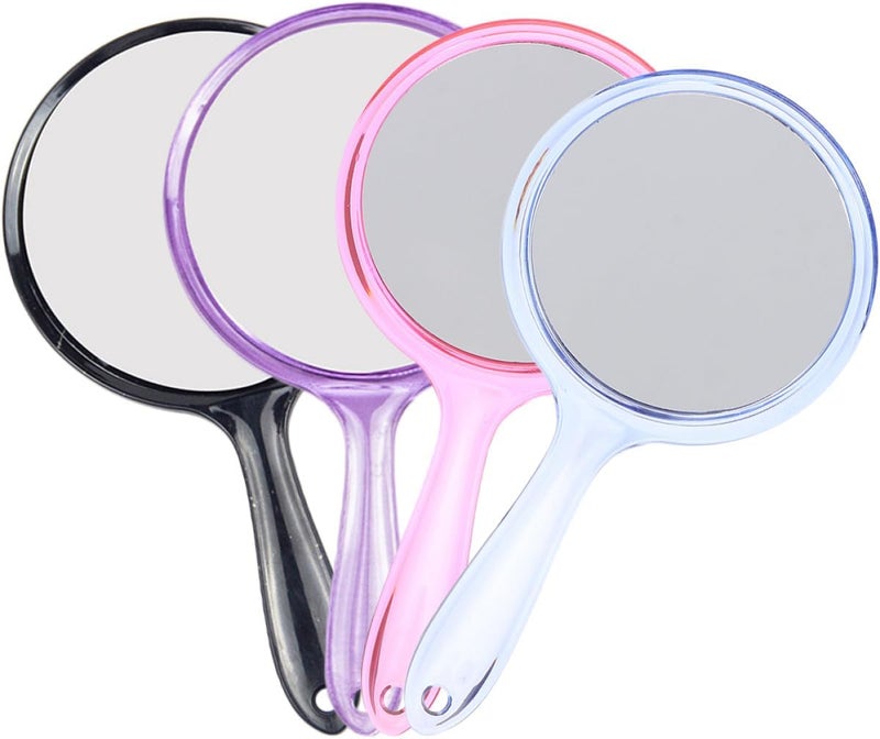 4pcs Handheld Pocket Mirrors with 2X Magnification Round Double-Sided Makeup Mirrors for Women in Pink Purple Blue and Black for Travel and Daily Use - Image 1