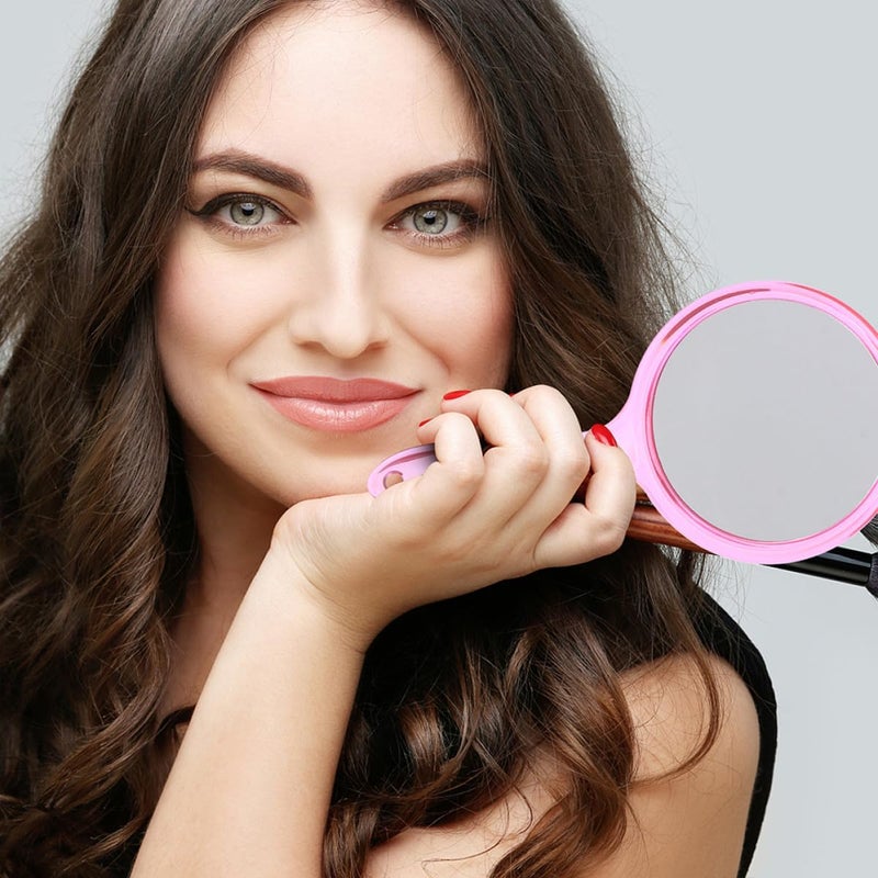 4pcs Handheld Pocket Mirrors with 2X Magnification Round Double-Sided Makeup Mirrors for Women in Pink Purple Blue and Black for Travel and Daily Use - Image 5