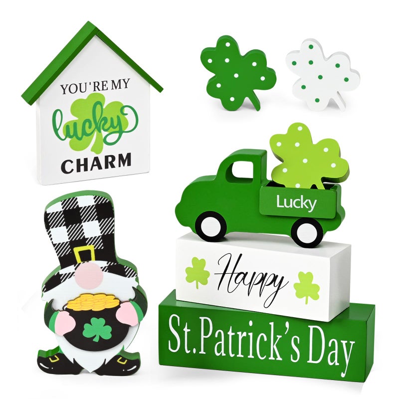 ASPMIZ St Patricks Day Decorations, Green Truck Shamrock Decorations with Gnome Wooden Block Sign, St Patricks Day Decor for Tiered Tray, Mantle, Desk, Bookshelf, Farmhouse Rustic Wooden Decor, Gift - Image 1