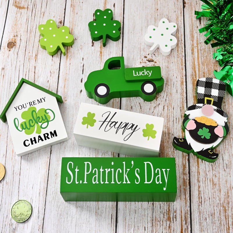 ASPMIZ St Patricks Day Decorations, Green Truck Shamrock Decorations with Gnome Wooden Block Sign, St Patricks Day Decor for Tiered Tray, Mantle, Desk, Bookshelf, Farmhouse Rustic Wooden Decor, Gift - Image 3