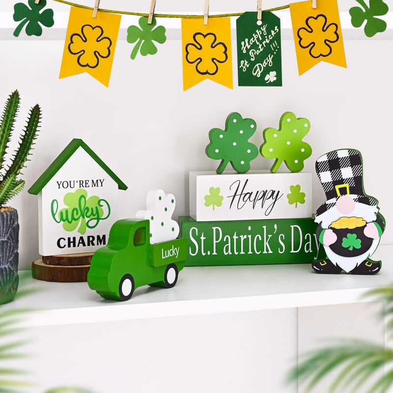 ASPMIZ St Patricks Day Decorations, Green Truck Shamrock Decorations with Gnome Wooden Block Sign, St Patricks Day Decor for Tiered Tray, Mantle, Desk, Bookshelf, Farmhouse Rustic Wooden Decor, Gift - Image 2