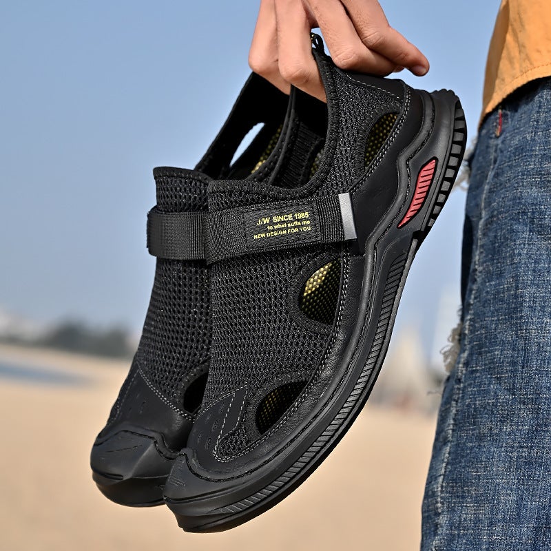 Sandals For Men Style Cowhide Men'S Casual Mesh Shoes Men'S Non-Slip Toe Large Size Outdoor Beach Shoes - Image 4