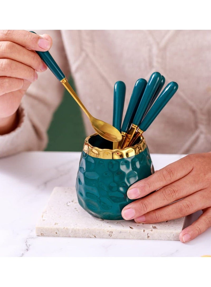 XiuWoo Coffee Dessert Spoon Set Holder Ceramic Jar Organizer with Ice Cream Metal Spoons Teaspoons Flatware - Image 4