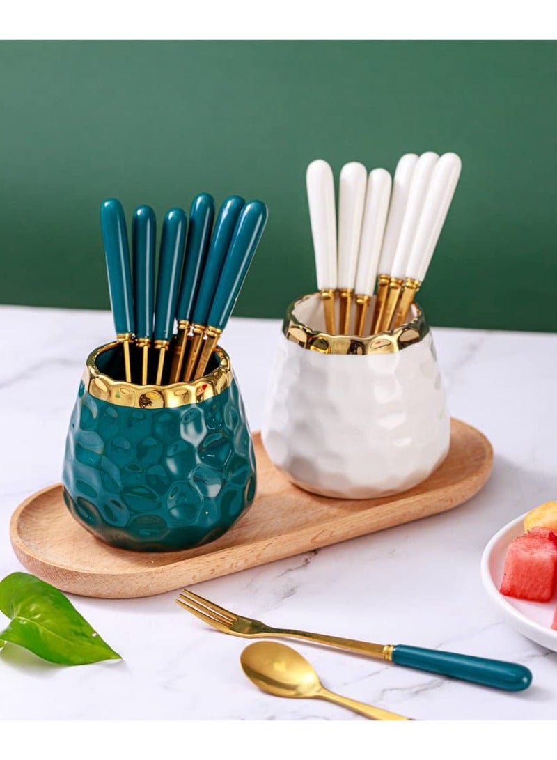 XiuWoo Coffee Dessert Spoon Set Holder Ceramic Jar Organizer with Ice Cream Metal Spoons Teaspoons Flatware - Image 3