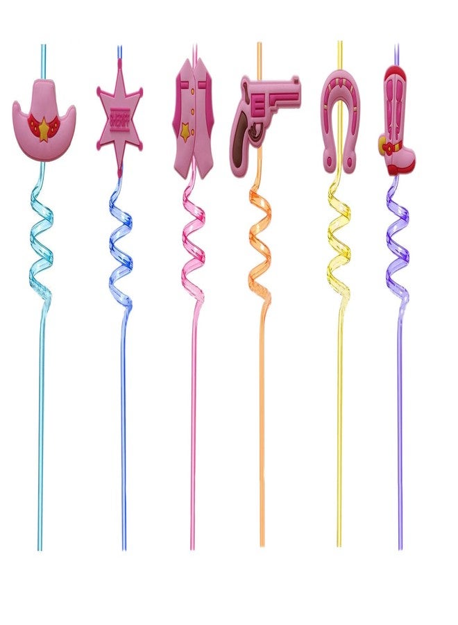 YYaaloa 24pcs (6 Styles) Drinking Plastic Straws Pink Party Supplies Reusable Straws with 2 Brushes for Kids Birthday Pool Underwater Party Decorations Gift (pink cowboy 24pcs) - Image 1
