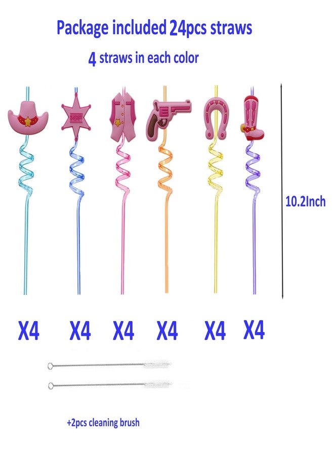 YYaaloa 24pcs (6 Styles) Drinking Plastic Straws Pink Party Supplies Reusable Straws with 2 Brushes for Kids Birthday Pool Underwater Party Decorations Gift (pink cowboy 24pcs) - Image 2