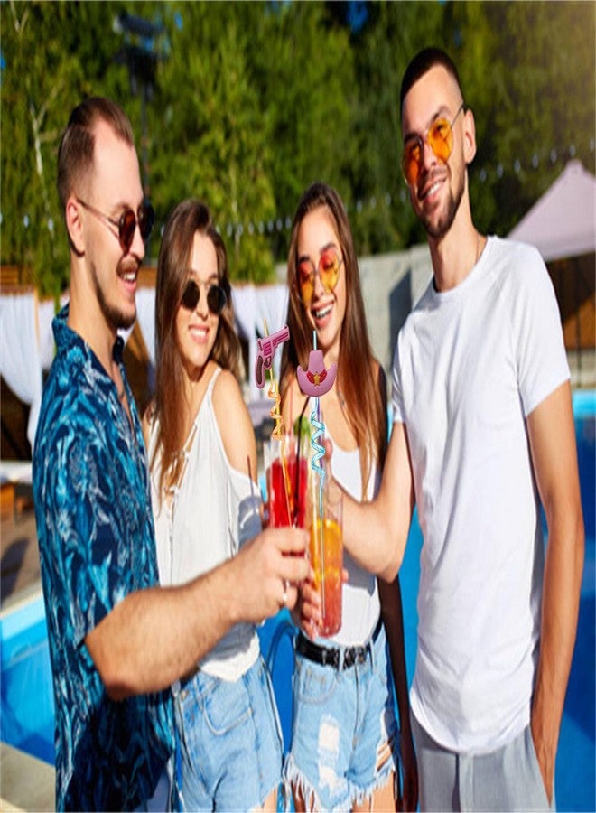 YYaaloa 24pcs (6 Styles) Drinking Plastic Straws Pink Party Supplies Reusable Straws with 2 Brushes for Kids Birthday Pool Underwater Party Decorations Gift (pink cowboy 24pcs) - Image 4