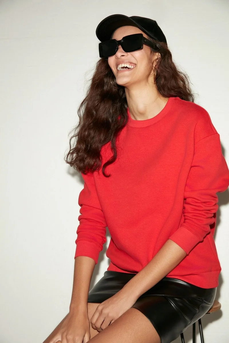 GRIMELANGE Susana Women's Crew Neck Polar Fleece Oversize Fit Basic Red Sweatshirt