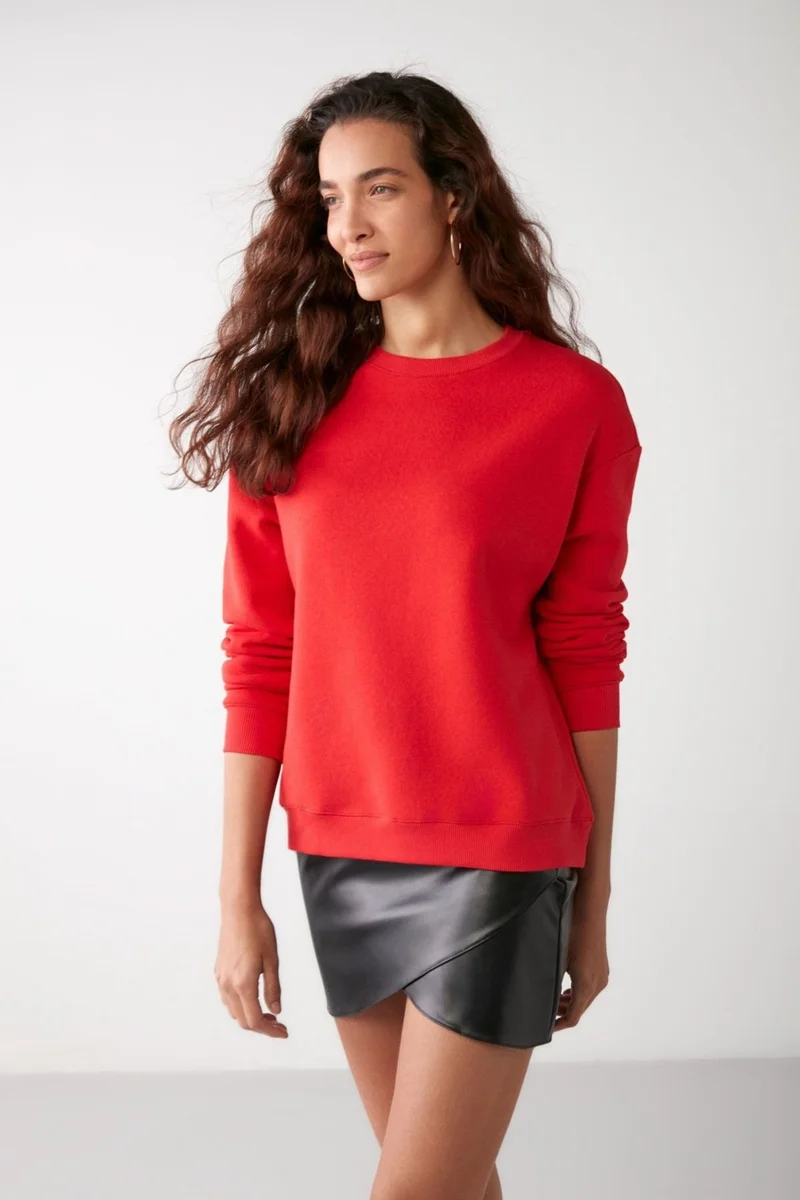 GRIMELANGE Susana Women's Crew Neck Polar Fleece Oversize Fit Basic Red Sweatshirt