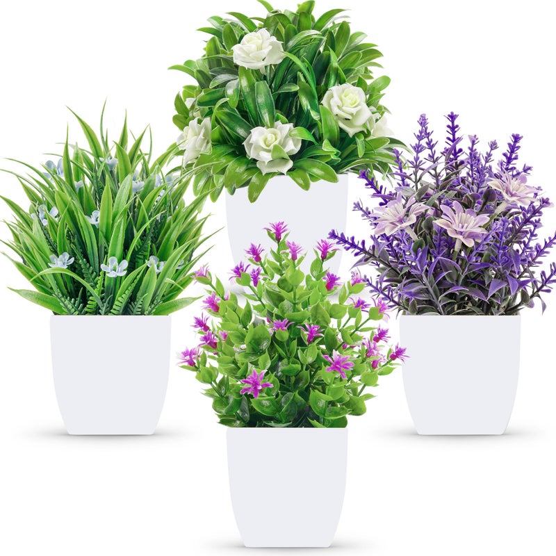 Der Rose 4 Pack Small Fake Flowers Plants Spring Decorations for Centerpiece Table Decorations Desk Home Bathroom Office Decor
