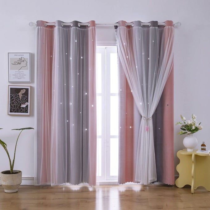 OMBRE RAINBOW BLACKOUT CURTAINS FOR KID GIRLS BEDROOM LIVING ROOM DARKING STRIPE DOUBLE LAYER STAR CUT OUT WALL HOME DECOR GRADIENT GROMMET WINDOW CURTAINS PINK GREY 52W X 63L